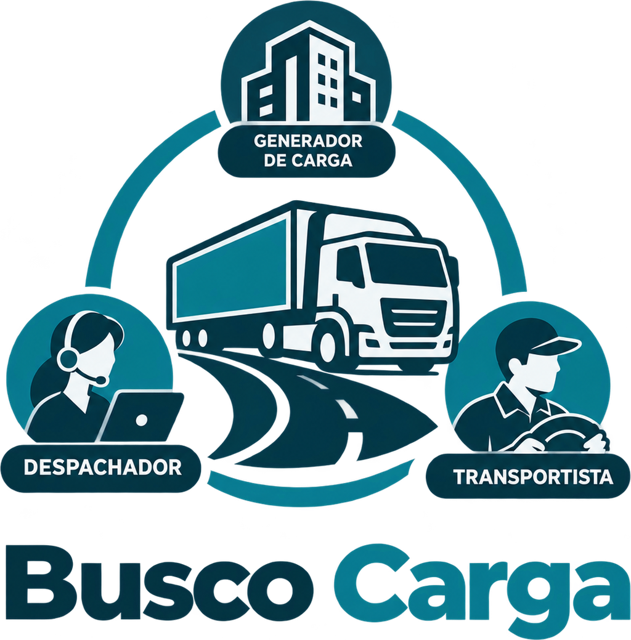 Busco Carga: un camión en el centro y, alrededor, el generador de carga, el despachador y el transportista
